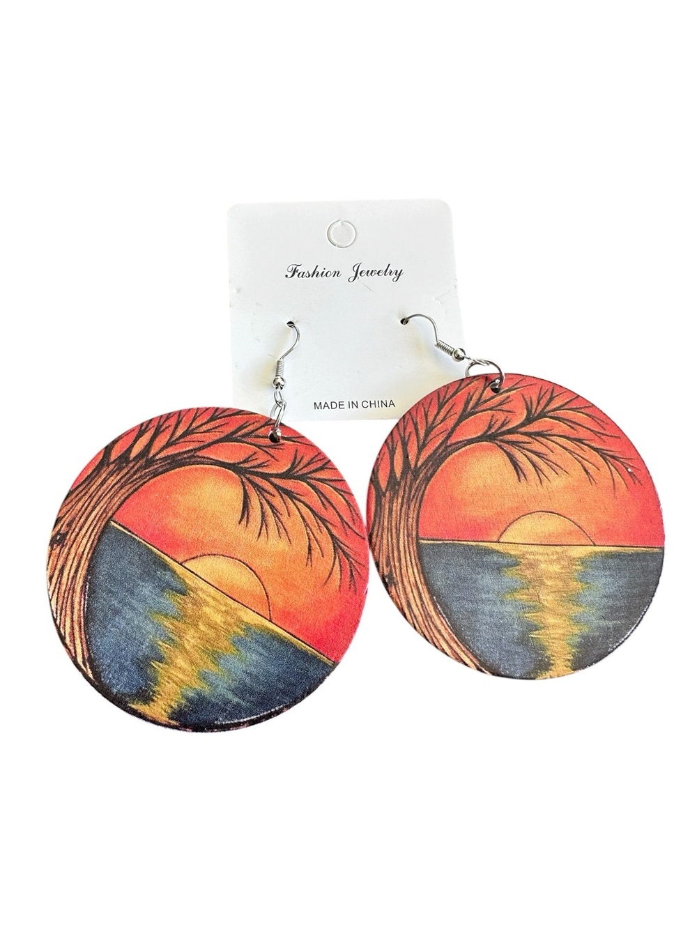 Large Wooden Disk Painted Sunset Drop Earrings